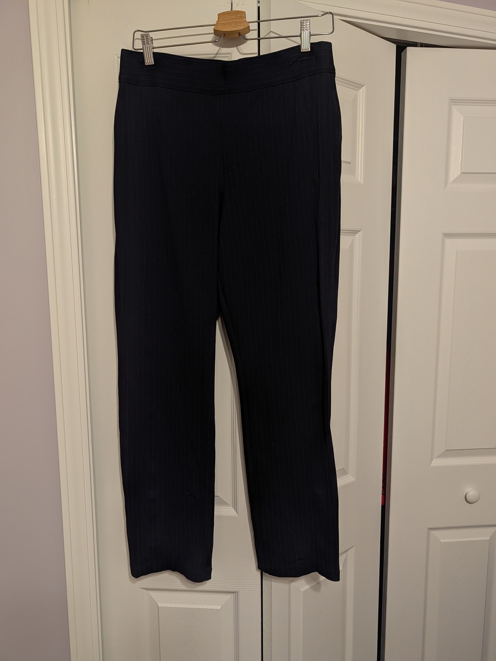 SPANX Women's Navy Pinstripe Straight-Leg Pull-On Suit Pants